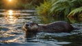 Smooth Otter Swimming in Golden Sunset River Royalty Free Stock Photo