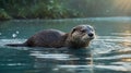 River Otter Swimming in Calm Waters During Golden Hour Glow Royalty Free Stock Photo