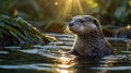 Otter Enjoying a Gentle Swim in the Sparkling Water at Sunset Time Royalty Free Stock Photo
