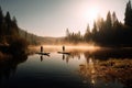 A playful, outdoor adventure scene, showcasing a couple paddle boarding together on a calm, crystal-clear lake or river,