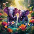 Playful Pachyderms - Elephants having a water fight in a colorful jungle oasis Royalty Free Stock Photo