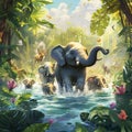 Playful Pachyderms - Elephants having a water fight in a colorful jungle oasis Royalty Free Stock Photo