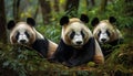 Playful panda cub sitting in bamboo forest, looking at camera generated by AI