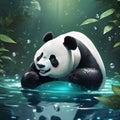 Playful Panda Floating in Water, AI