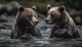 Playful panda and grizzly bear confront in tranquil wildlife reserve generated by AI