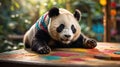 Adorable Giant Panda Cub Playing on Colorful Table Royalty Free Stock Photo