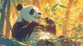 Cute Giant Panda Enjoying a Bamboo Snack in a Forest of Green and Gold Royalty Free Stock Photo