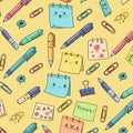 Playful pattern featuring cartoon stationery on a yellow background. Includes pens, Royalty Free Stock Photo