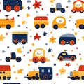 A playful pattern featuring colorful cartoon vehicles and stars on a white background Royalty Free Stock Photo