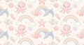 Playful pattern featuring pastel-colored sea creatures and elements. Smiling pink Royalty Free Stock Photo