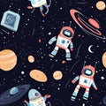 A playful pattern of robots exploring a distant planet, collecting moon rocks, and interacting with floating holograms.
