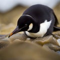 A playful penguin chick its downy plumage fluffy and soft sliding on its belly across an icy slope generated by ai
