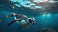 Playful Penguins Amidst a Myriad of Tiny Fish Around them. Generative AI