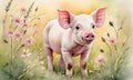 Playful piglet in lush watercolor meadow. Heartwarming image for children's book illustrations and educational