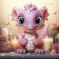 Playful pink baby dragon surrounded by bubbles, roses, and water, exuding charm and fantasy wonder.