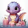 Playful pink baby dragon surrounded by bubbles, roses, and water, exuding charm and fantasy wonder.