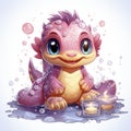 Playful pink baby dragon surrounded by bubbles, roses, and water, exuding charm and fantasy wonder.