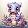 Playful pink baby dragon surrounded by bubbles, roses, and water, exuding charm and fantasy wonder.