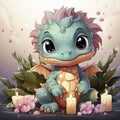 Playful pink baby dragon surrounded by bubbles, roses, and water, exuding charm and fantasy wonder.