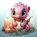 Playful pink baby dragon surrounded by bubbles, roses, and water, exuding charm and fantasy wonder.