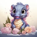 Playful pink baby dragon surrounded by bubbles, roses, and water, exuding charm and fantasy wonder.
