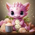 Playful pink baby dragon surrounded by bubbles, roses, and water, exuding charm and fantasy wonder.