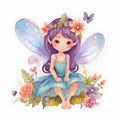 Playful pixie fantasy, magical illustration of colorful fairies with cute wings, flowers, and playful whimsy