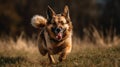 A dog runs across a field chasing a ball with its tongue lolling out created with Generative AI
