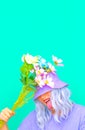 Playful Positive summer girl with flowers in trendy bucket hat. Pastel colours design