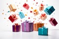 Playful presentation: Gift boxes emerge from bag on white background, evoking excitement.