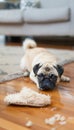 Playful Pug with Chewed Slipper in Cozy Modern Apartment Setting Royalty Free Stock Photo