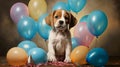 A playful puppy with a birthday hat, surrounded by balloons, eagerly awaiting its special cake