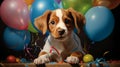 A playful puppy with a birthday hat, surrounded by balloons, eagerly