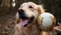 Playful puppy enjoys outdoor soccer game with golden retriever friend generated by AI