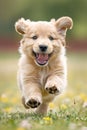 Playful puppy joyfully running on lush green grass field, adorable pet frolicking outdoors