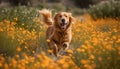 Playful puppy running through meadow, pure joy generated by AI