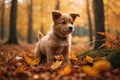 Playful puppy walking on autumn's joy unleashed