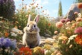 Playful rabbit exploring a blooming garden in