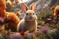 Playful rabbit exploring a blooming garden in