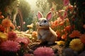 Playful rabbit exploring a blooming garden in