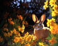 Playful rabbit hides behind a vibrant flower bed in a joyful garden scene, cute domestic pet image