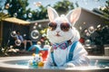 A Playful Rabbit in Sunglasses Relaxing in a Hot Tub with Bubbles Royalty Free Stock Photo