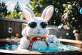 A Playful Rabbit in Sunglasses Relaxing in a Hot Tub with Bubbles Royalty Free Stock Photo