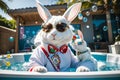 A Playful Rabbit in Sunglasses Relaxing in a Hot Tub with Bubbles Royalty Free Stock Photo