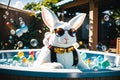 A Playful Rabbit in Sunglasses Relaxing in a Hot Tub with Bubbles