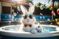 A Playful Rabbit in Sunglasses Relaxing in a Hot Tub with Bubbles