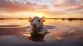 Playful Rat In Water At Sunset: A Dreamlike Cypherpunk National Geographic Photo Royalty Free Stock Photo