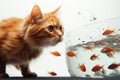 A playful red cat enjoys chasing a gold decorative fish in a round aquarium Royalty Free Stock Photo