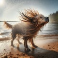 Dog shakes off the water after a play in the water