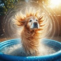 Dog shakes off the water after a play in the water